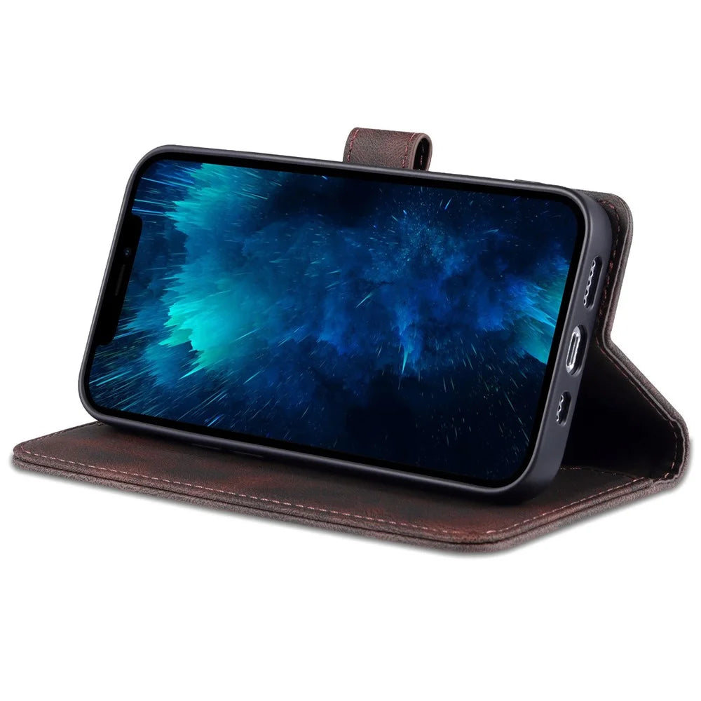 AZNS For iPhone 14 Pro 6.1 inch Anti-drop PU Leather Wallet Case Magnetic Closure Stand Shockproof Protective Phone Flip Cover - Brown - 3
