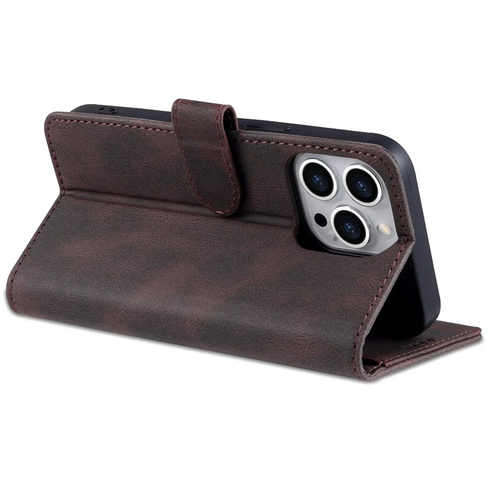 AZNS For iPhone 14 Pro 6.1 inch Anti-drop PU Leather Wallet Case Magnetic Closure Stand Shockproof Protective Phone Flip Cover - Brown - 4