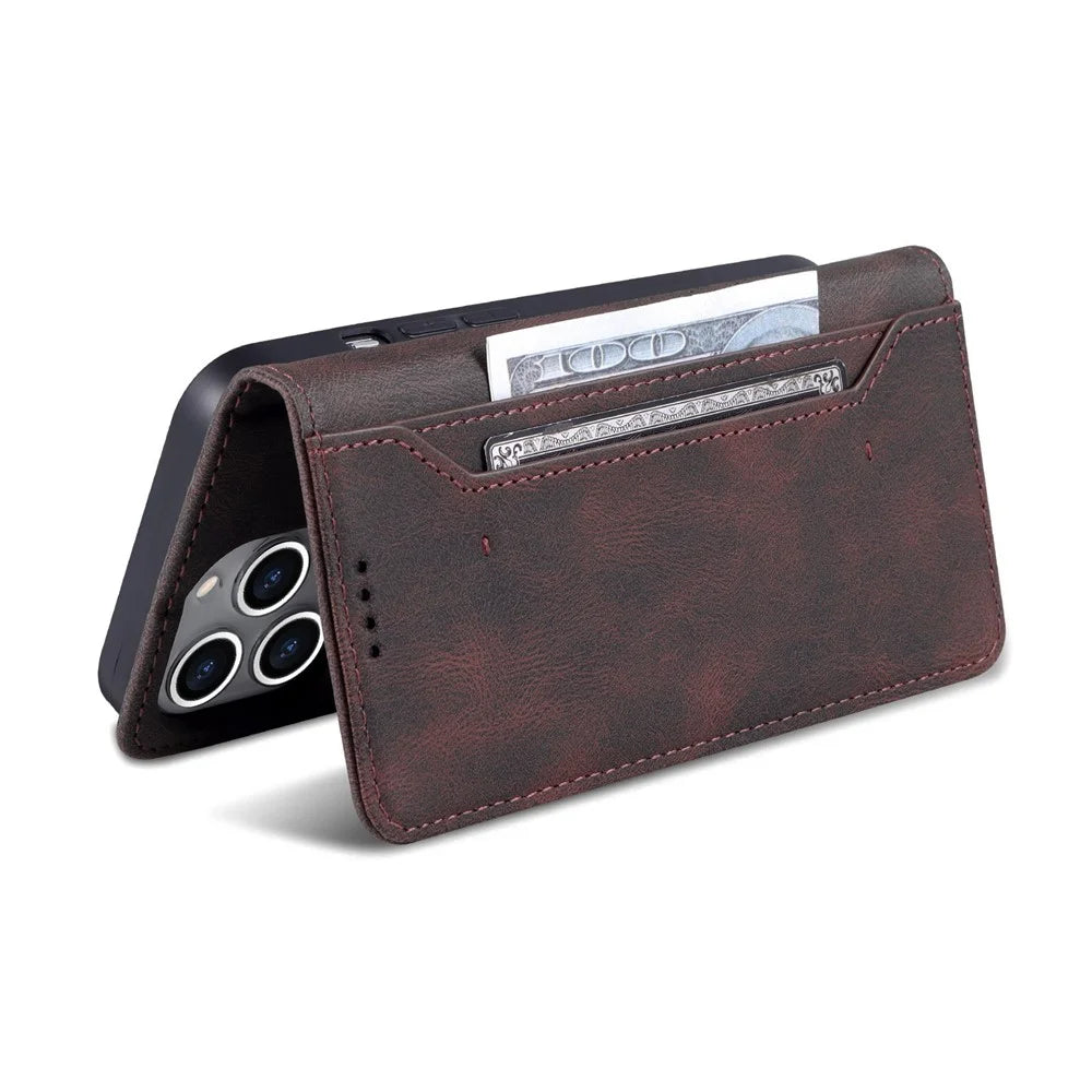 AZNS For iPhone 14 Pro 6.1 inch Anti-drop PU Leather Wallet Case Magnetic Closure Stand Shockproof Protective Phone Flip Cover - Brown - 6