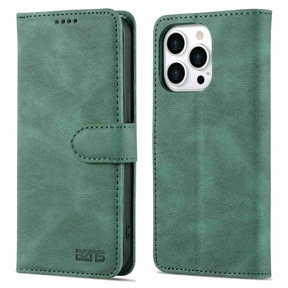AZNS For iPhone 14 Pro Max 6.7 inch Anti-fall PU Leather Wallet Case Magnetic Closure Stand Scratch Resistant Phone Cover - Green - 1