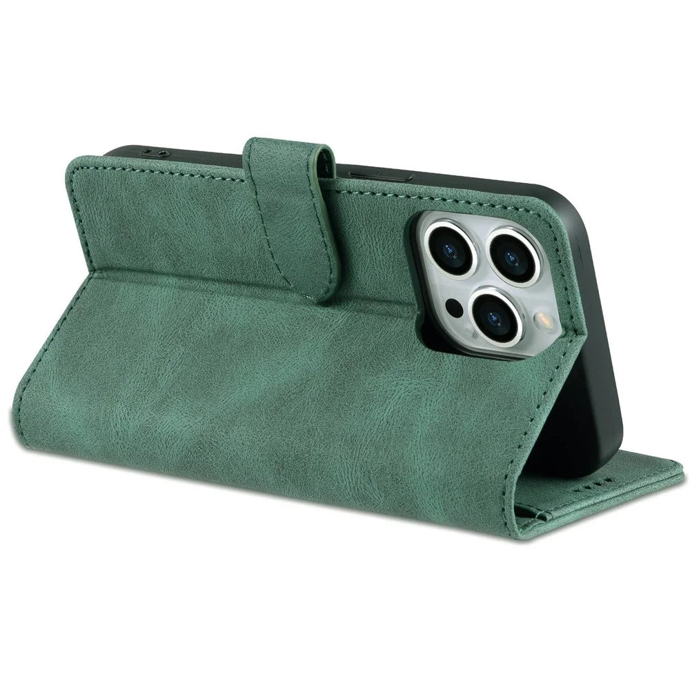 AZNS For iPhone 14 Pro Max 6.7 inch Anti-fall PU Leather Wallet Case Magnetic Closure Stand Scratch Resistant Phone Cover - Green - 4