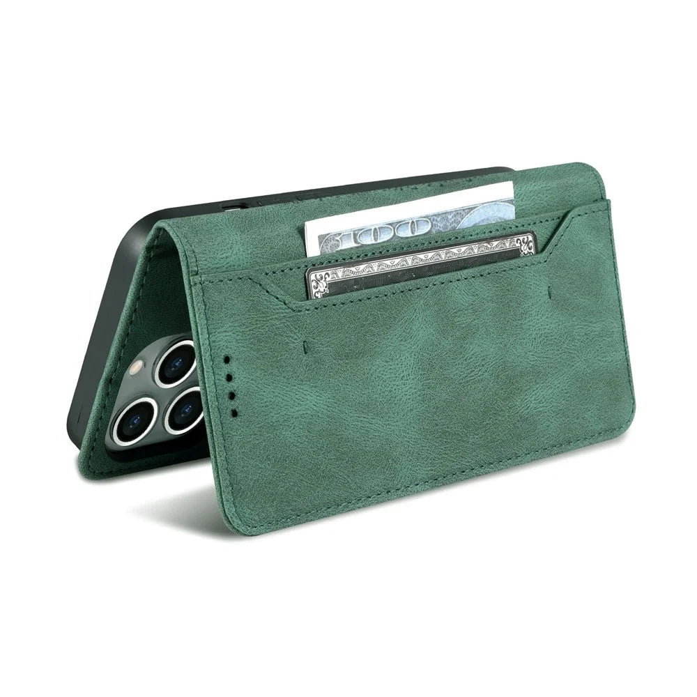 AZNS For iPhone 14 Pro Max 6.7 inch Anti-fall PU Leather Wallet Case Magnetic Closure Stand Scratch Resistant Phone Cover - Green - 6