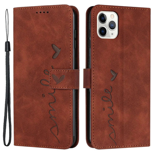 Heart Shape Imprinted Case for iPhone 12/12 Pro 6.1 inch, Anti-drop Skin-touch Feeling PU Leather Stand Wallet Phone Shell with Strap - Brown - 1