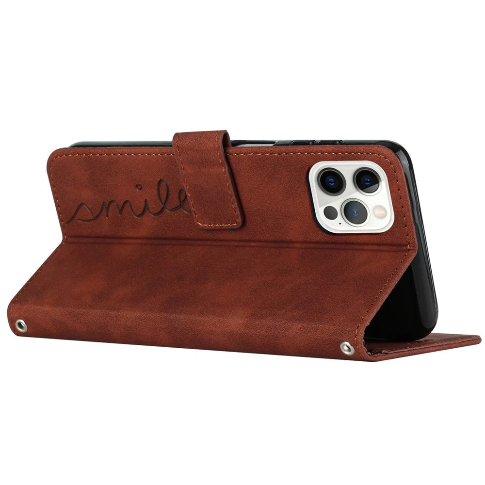 Heart Shape Imprinted Case for iPhone 12/12 Pro 6.1 inch, Anti-drop Skin-touch Feeling PU Leather Stand Wallet Phone Shell with Strap - Brown - 6