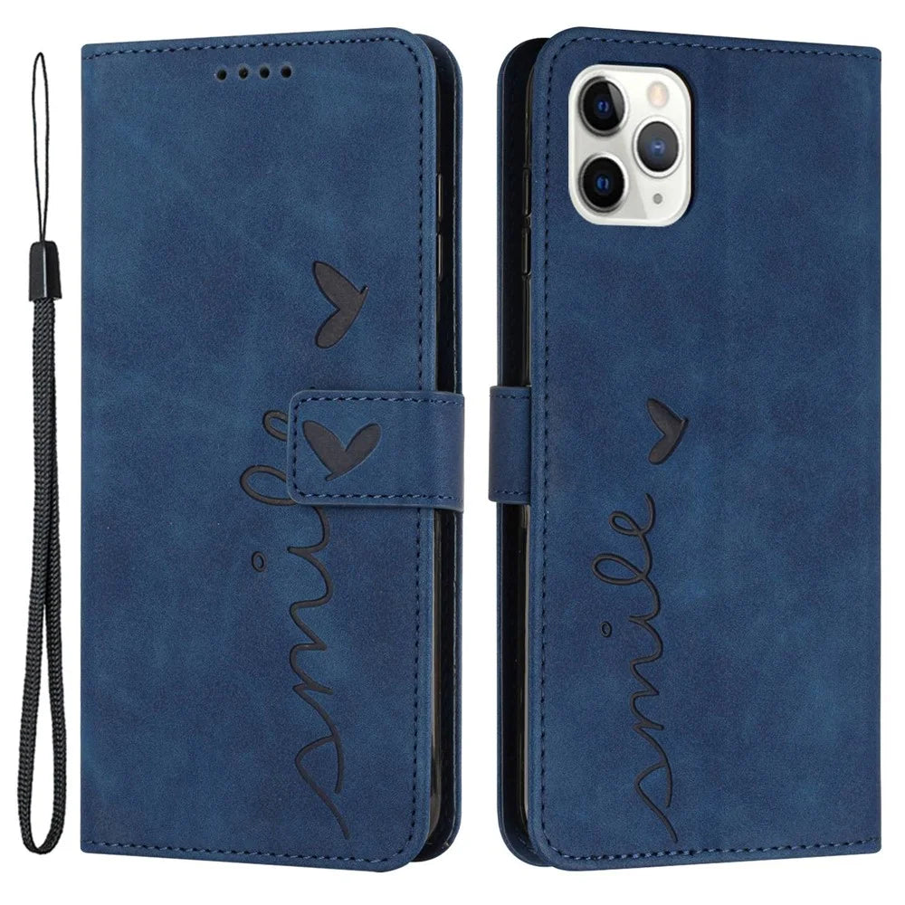 Heart Shape Imprinted Case for iPhone 12 Pro Max 6.7 inch, Skin-touch Feeling PU Leather Stand Wallet Phone Shell with Strap - Sapphire - 1