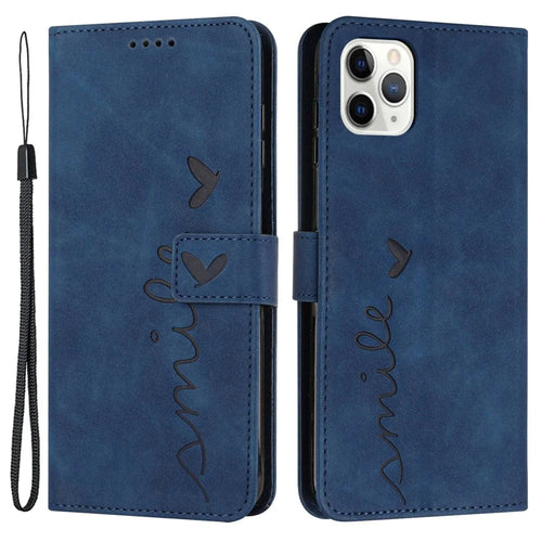 Heart Shape Imprinted Case for iPhone 12 Pro Max 6.7 inch, Skin-touch Feeling PU Leather Stand Wallet Phone Shell with Strap - Sapphire - 1