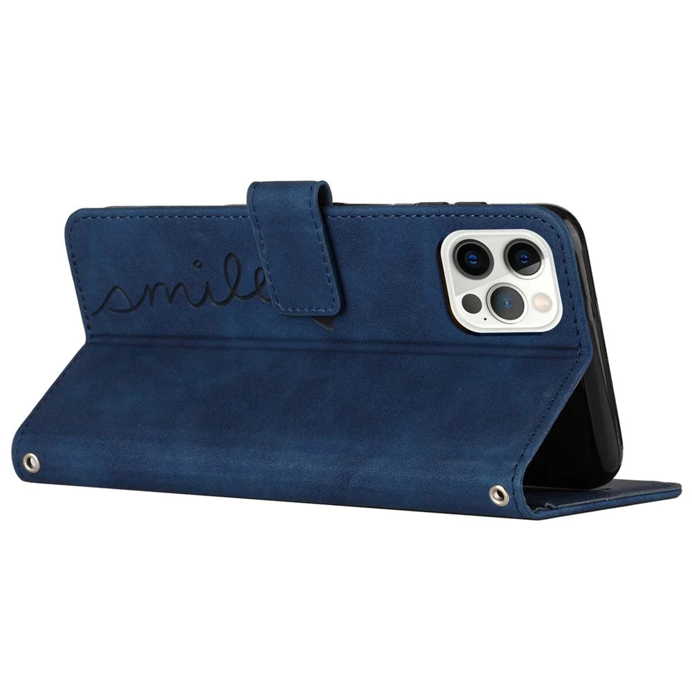 Heart Shape Imprinted Case for iPhone 12 Pro Max 6.7 inch, Skin-touch Feeling PU Leather Stand Wallet Phone Shell with Strap - Sapphire - 5