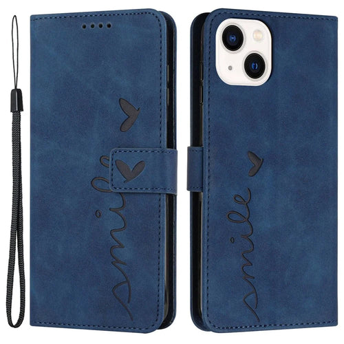 For iPhone 13 6.1 inch Horizontal Stand Heart Shape Imprinted Skin-touch Feeling Case PU Leather Wallet Phone Shell with Strap - Sapphire - 1