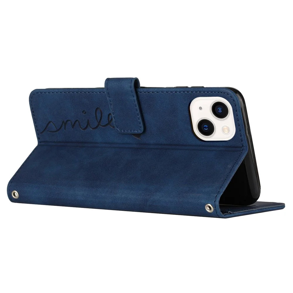 For iPhone 13 6.1 inch Horizontal Stand Heart Shape Imprinted Skin-touch Feeling Case PU Leather Wallet Phone Shell with Strap - Sapphire - 5