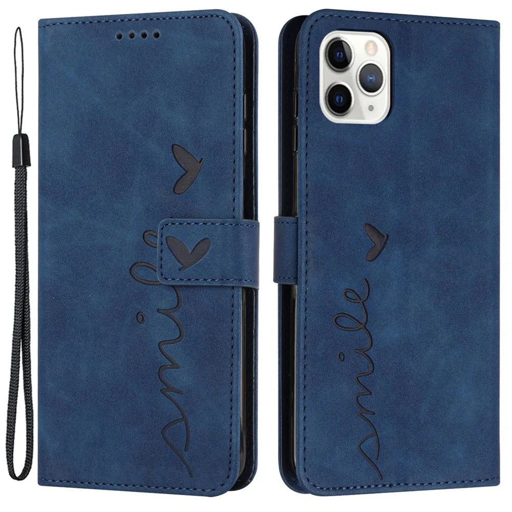 For iPhone 13 Pro 6.1 inch Heart Shape Imprinted Skin-touch Feeling Case PU Leather Wallet Viewing Stand Phone Shell with Strap - Sapphire - 1
