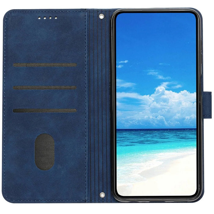 For iPhone 13 Pro 6.1 inch Heart Shape Imprinted Skin-touch Feeling Case PU Leather Wallet Viewing Stand Phone Shell with Strap - Sapphire - 2