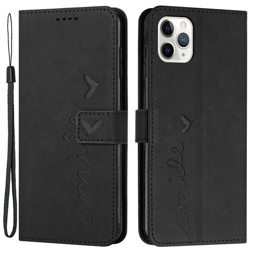 For iPhone 13 Pro Max 6.7 inch Heart Shape Imprinted Anti-fingerprint Case Skin-touch Feeling PU Leather Wallet Foldable Stand Function Phone Shell with Strap - Black - 1