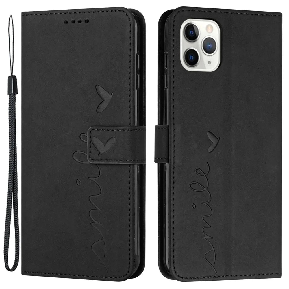 For iPhone 13 Pro Max 6.7 inch Heart Shape Imprinted Anti-fingerprint Case Skin-touch Feeling PU Leather Wallet Foldable Stand Function Phone Shell with Strap - Black - 1