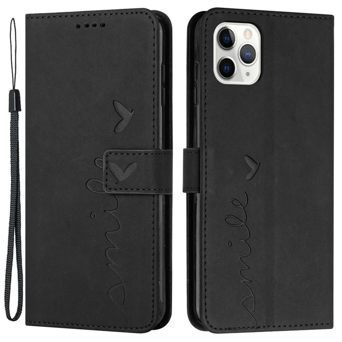 For iPhone 13 Pro Max 6.7 inch Heart Shape Imprinted Anti-fingerprint Case Skin-touch Feeling PU Leather Wallet Foldable Stand Function Phone Shell with Strap - Black - 1