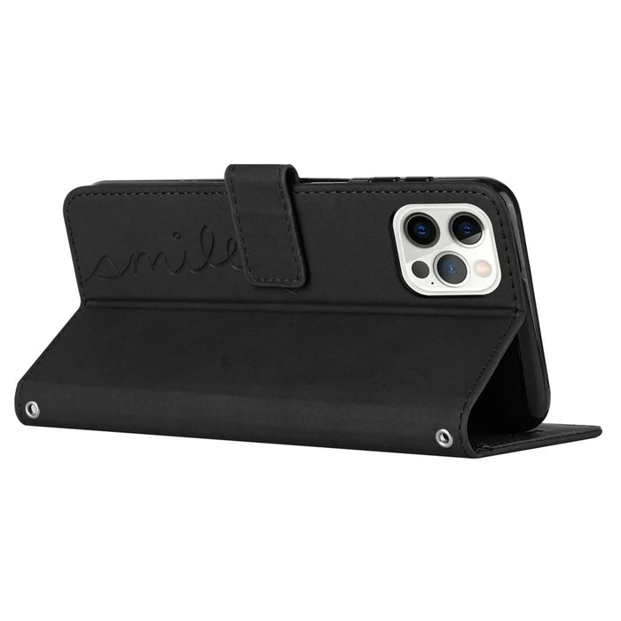 For iPhone 13 Pro Max 6.7 inch Heart Shape Imprinted Anti-fingerprint Case Skin-touch Feeling PU Leather Wallet Foldable Stand Function Phone Shell with Strap - Black - 5
