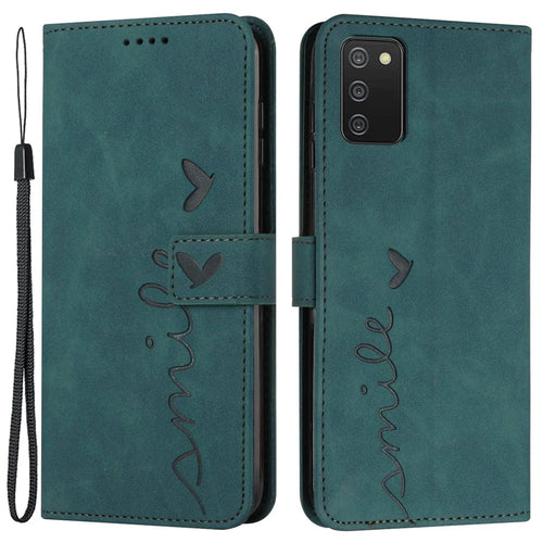 For Samsung Galaxy A03s (166.5mm) PU Leather Cover Skin-touch Feeling Heart Shape Imprint Phone Case Wallet Stand with Strap - Green - 1