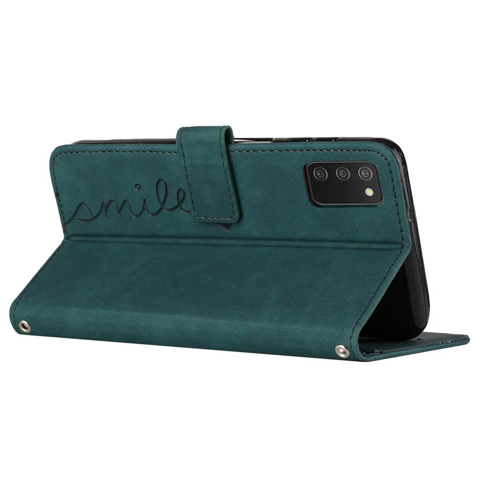For Samsung Galaxy A03s (166.5mm) PU Leather Cover Skin-touch Feeling Heart Shape Imprint Phone Case Wallet Stand with Strap - Green - 5