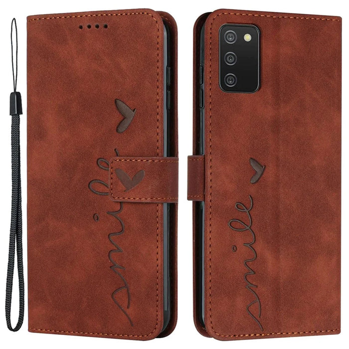 For Samsung Galaxy A03s (164.2mm) Skin-touch Feeling Heart Shape Imprinted Phone Case PU Leather Wallet Stand with Strap - Brown - 1