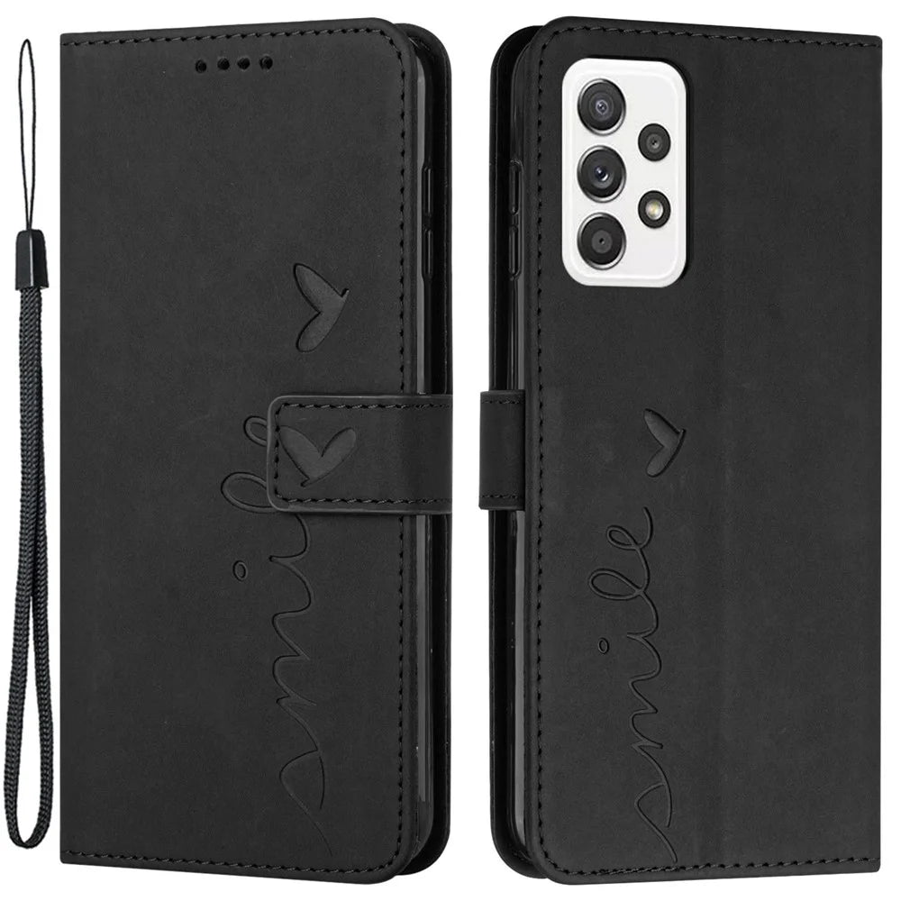 For Samsung Galaxy A73 5G Heart Shape Imprinted Anti-fall Handy Strap Design Case Skin-touch Feeling PU Leather Wallet Stand Flip Phone Shell - Black - 1