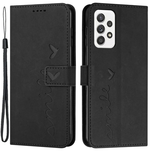 For Samsung Galaxy A73 5G Heart Shape Imprinted Anti-fall Handy Strap Design Case Skin-touch Feeling PU Leather Wallet Stand Flip Phone Shell - Black - 1