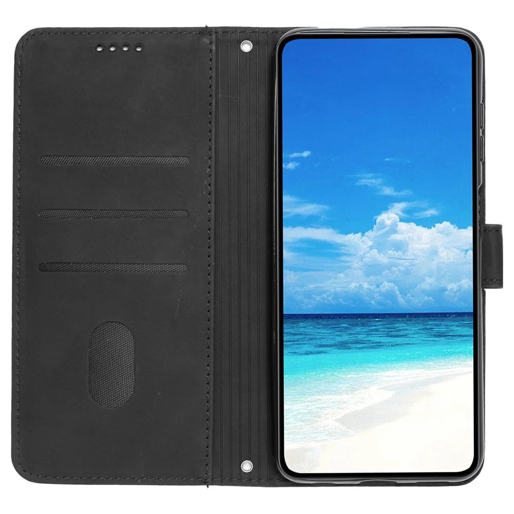 For Samsung Galaxy A73 5G Heart Shape Imprinted Anti-fall Handy Strap Design Case Skin-touch Feeling PU Leather Wallet Stand Flip Phone Shell - Black - 2