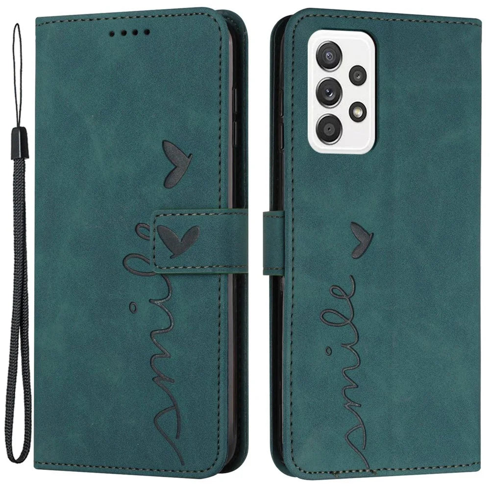 Heart Shape Imprinted Phone Case for Samsung Galaxy A53 5G, Shockproof Anti-fall Magnetic PU Leather Skin-touch Feeling Wallet Stand Shell with Strap - Green - 1