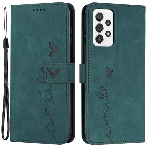 Heart Shape Imprinted Phone Case for Samsung Galaxy A53 5G, Shockproof Anti-fall Magnetic PU Leather Skin-touch Feeling Wallet Stand Shell with Strap - Green - 1