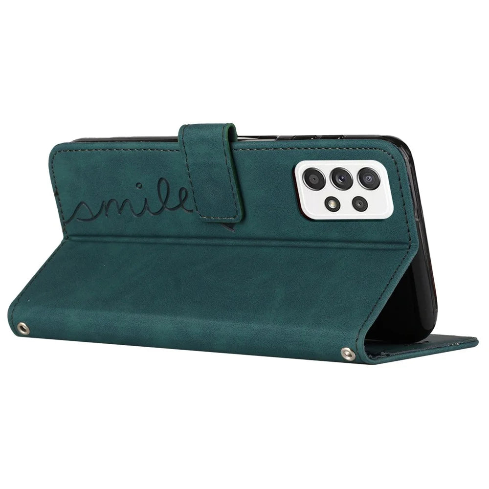 Heart Shape Imprinted Phone Case for Samsung Galaxy A53 5G, Shockproof Anti-fall Magnetic PU Leather Skin-touch Feeling Wallet Stand Shell with Strap - Green - 5