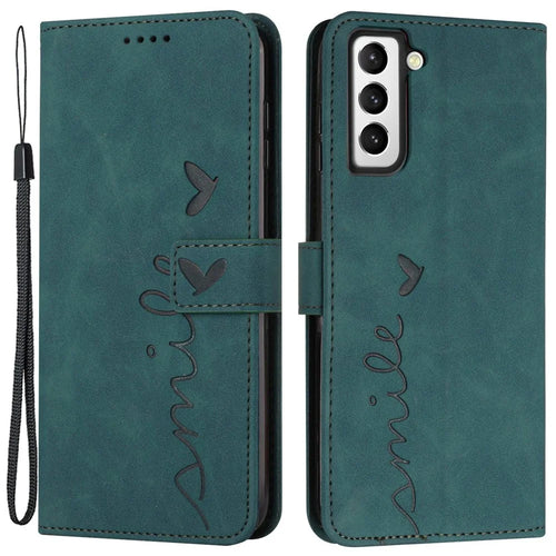 Heart Shape Imprinted Case for Samsung Galaxy S22 5G, Skin-touch Feeling Anti-shock PU Leather Dual-sided Magnetic Clasp Wallet Stand Shell with Strap - Green - 1