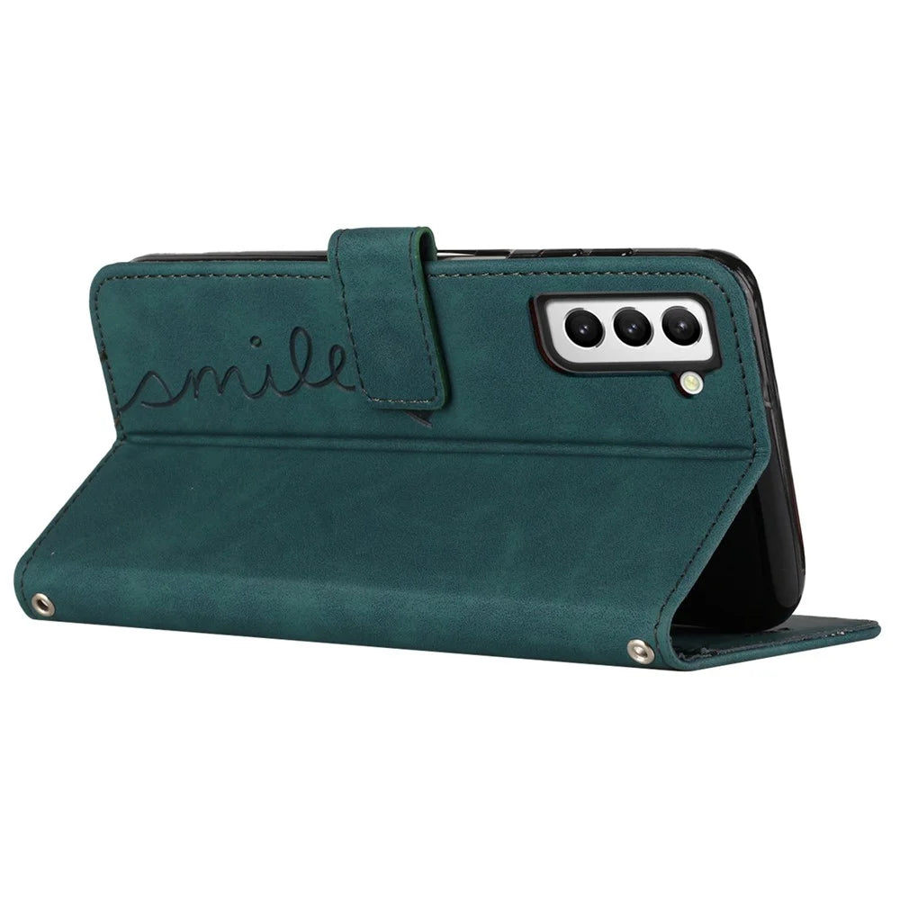 Heart Shape Imprinted Case for Samsung Galaxy S22 5G, Skin-touch Feeling Anti-shock PU Leather Dual-sided Magnetic Clasp Wallet Stand Shell with Strap - Green - 5