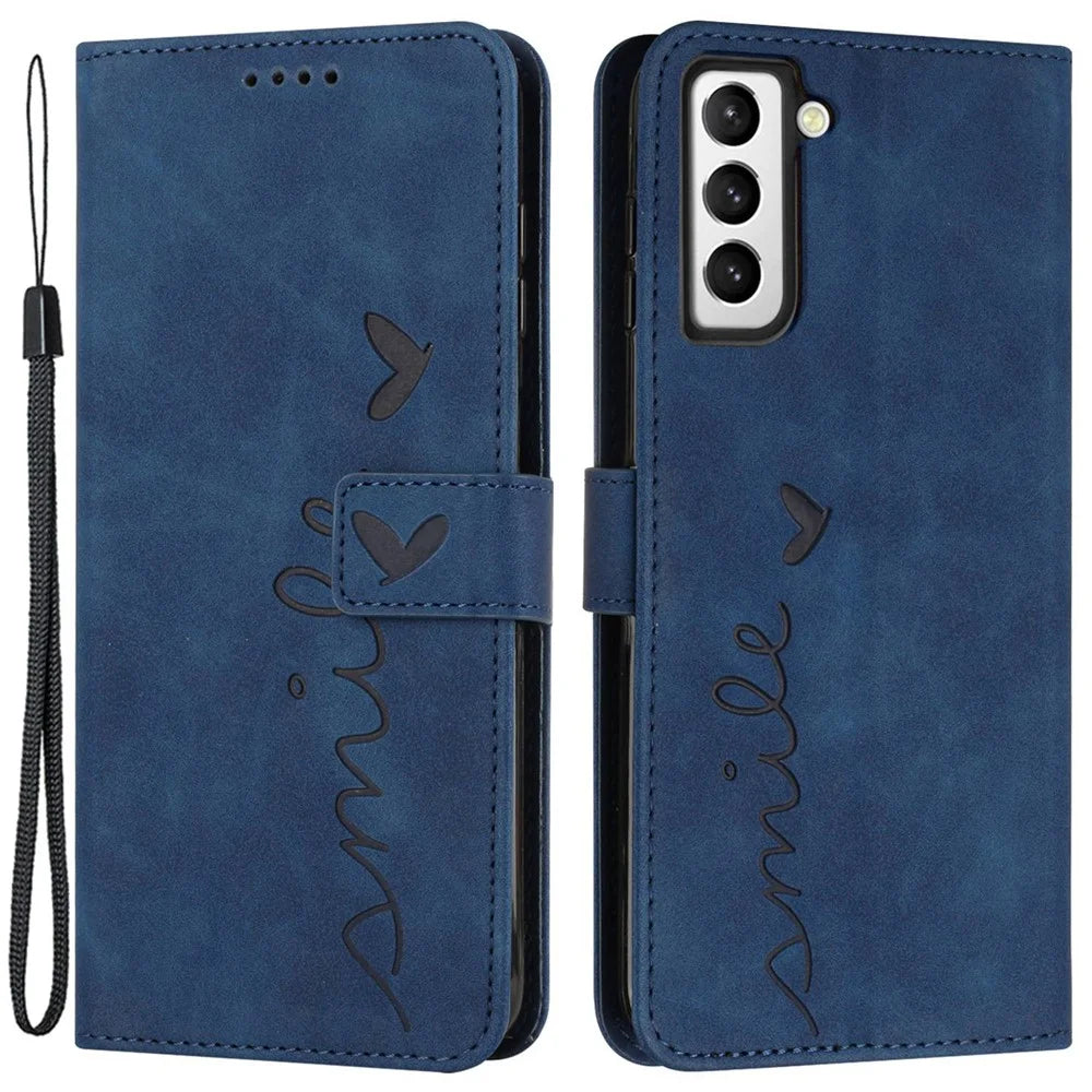 Heart Shape Imprinted Case for Samsung Galaxy S22+ 5G, Dual-sided Magnetic Clasp Skin-touch Feeling PU Leather Wallet Stand Cover with Strap - Sapphire - 1