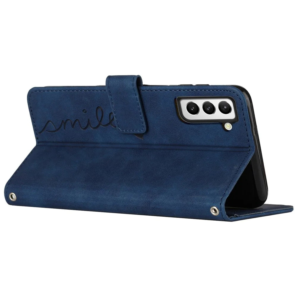 Heart Shape Imprinted Case for Samsung Galaxy S22+ 5G, Dual-sided Magnetic Clasp Skin-touch Feeling PU Leather Wallet Stand Cover with Strap - Sapphire - 5