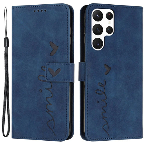 Heart Shape Imprinted Case for Samsung Galaxy S22 Ultra 5G, Anti-shock Phone Case Skin-touch Feeling PU Leather Wallet Stand Design Magnetic Cover with Strap - Sapphire - 1