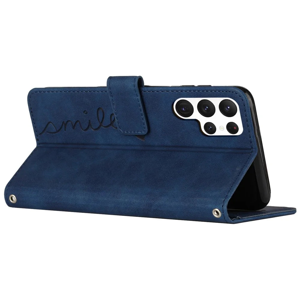 Heart Shape Imprinted Case for Samsung Galaxy S22 Ultra 5G, Anti-shock Phone Case Skin-touch Feeling PU Leather Wallet Stand Design Magnetic Cover with Strap - Sapphire - 5
