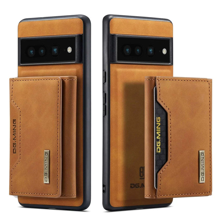 DG.MING M2 Series Magnetic Wallet Phone Case for Google Pixel 7 Pro 5G, Detachable 2-in-1 Kickstand Drop-proof Cover - Brown - 1