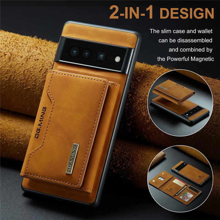 DG.MING M2 Series Magnetic Wallet Phone Case for Google Pixel 7 Pro 5G, Detachable 2-in-1 Kickstand Drop-proof Cover - Brown - 6