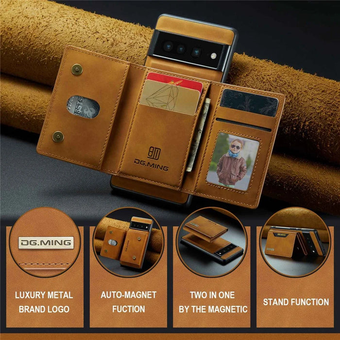 DG.MING M2 Series Magnetic Wallet Phone Case for Google Pixel 7 Pro 5G, Detachable 2-in-1 Kickstand Drop-proof Cover - Brown - 7