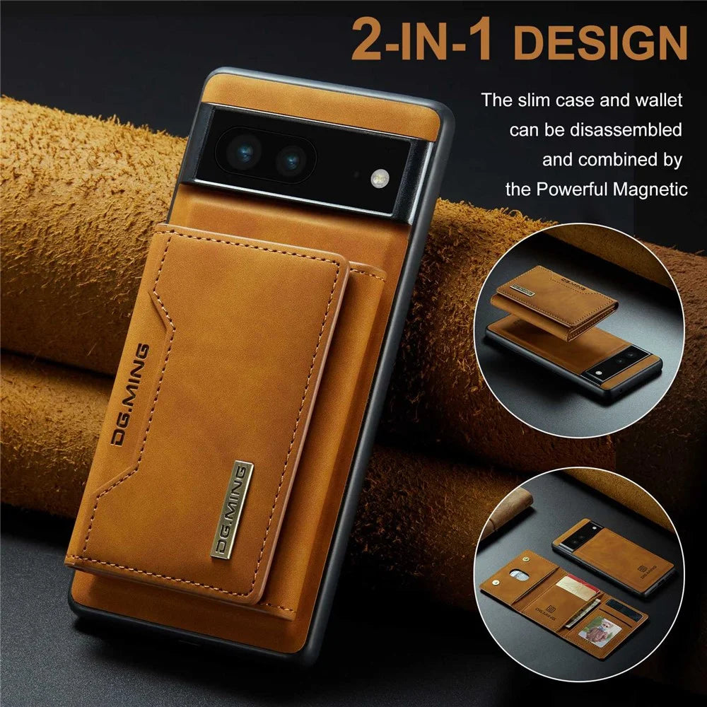 DG.MING M2 Series for Google Pixel 6a Detachable 2-in-1 Magnetic Wallet Phone Case Anti-scratch Kickstand Cover - Brown - 6