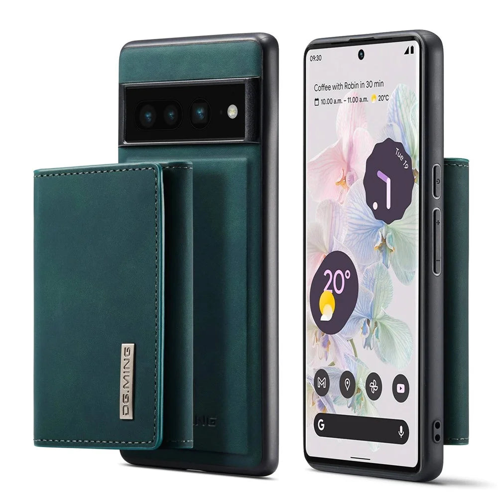 DG.MING M1 Series For Google Pixel 7 Pro 5G Magnetic Detachable Wallet PC+TPU+PU Phone Case with Kickstand - Green - 1