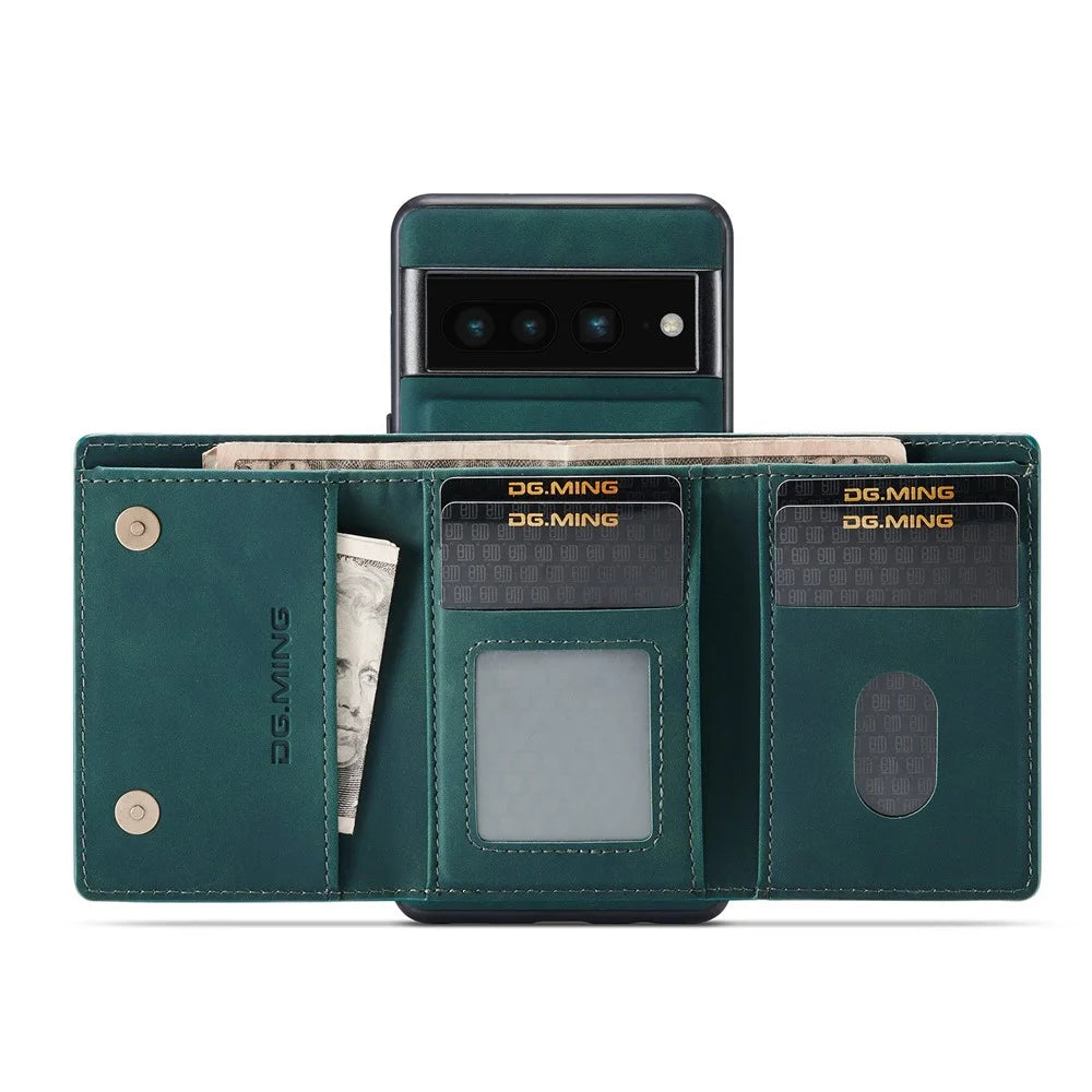 DG.MING M1 Series For Google Pixel 7 Pro 5G Magnetic Detachable Wallet PC+TPU+PU Phone Case with Kickstand - Green - 4