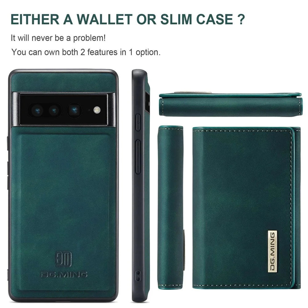 DG.MING M1 Series For Google Pixel 7 Pro 5G Magnetic Detachable Wallet PC+TPU+PU Phone Case with Kickstand - Green - 6