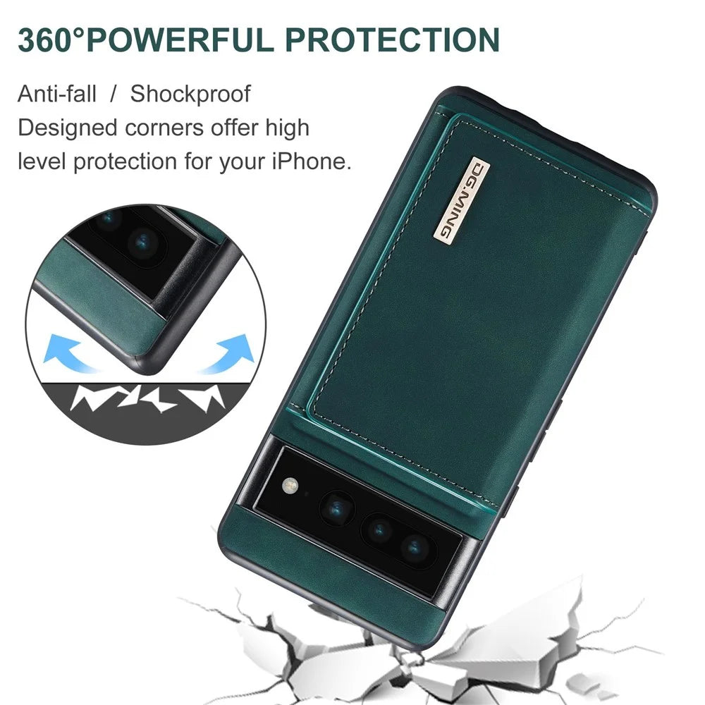 DG.MING M1 Series For Google Pixel 7 Pro 5G Magnetic Detachable Wallet PC+TPU+PU Phone Case with Kickstand - Green - 7