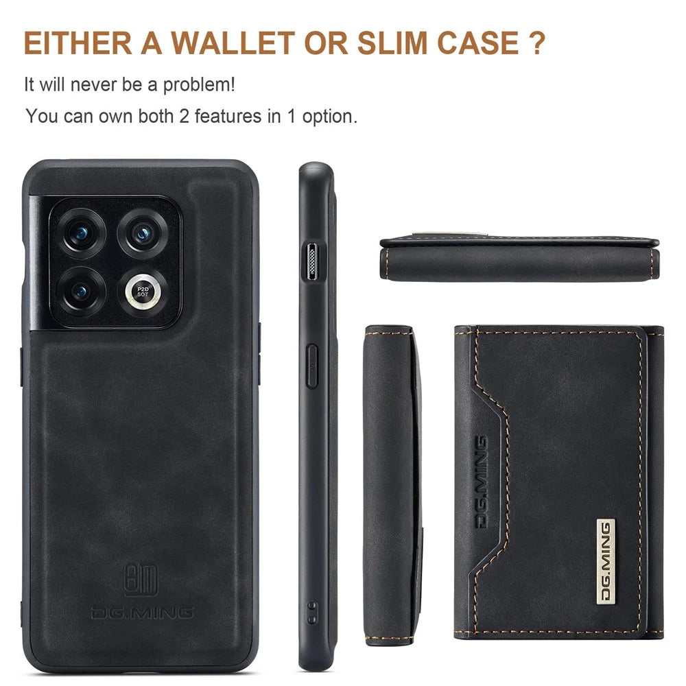 DG.MING M1 Series For OnePlus 10 Pro 5G Magnetic Adsorption 2-in-1 Wallet PC+TPU+PU Leather Phone Drop-proof Case with Kickstand - Black - 6
