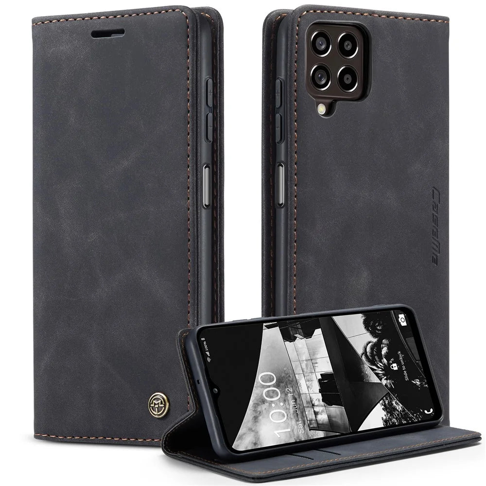 CASEME 013 Series Slim Phone Case for Samsung Galaxy M33 5G (Global Version) Shockproof PU Leather Wallet Foldable Stand Phone Cover - Black - 1