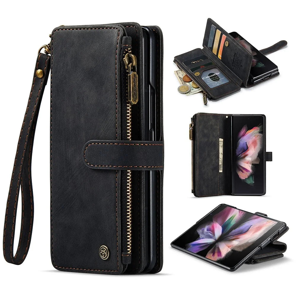 For Samsung Galaxy Z Fold4 5G Phone Cases with Strap CASEME C30 Zipper Multiple Card Holder PU Leather Cover -  Black - 1