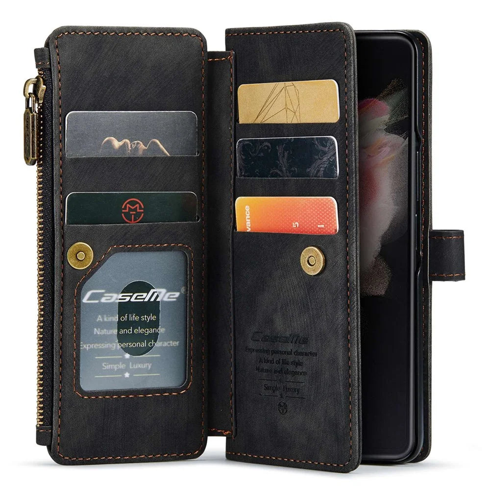 For Samsung Galaxy Z Fold4 5G Phone Cases with Strap CASEME C30 Zipper Multiple Card Holder PU Leather Cover -  Black - 2