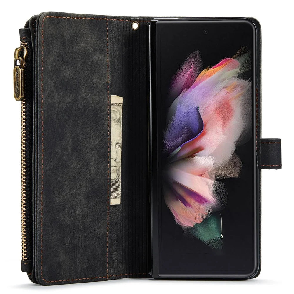 For Samsung Galaxy Z Fold4 5G Phone Cases with Strap CASEME C30 Zipper Multiple Card Holder PU Leather Cover -  Black - 3