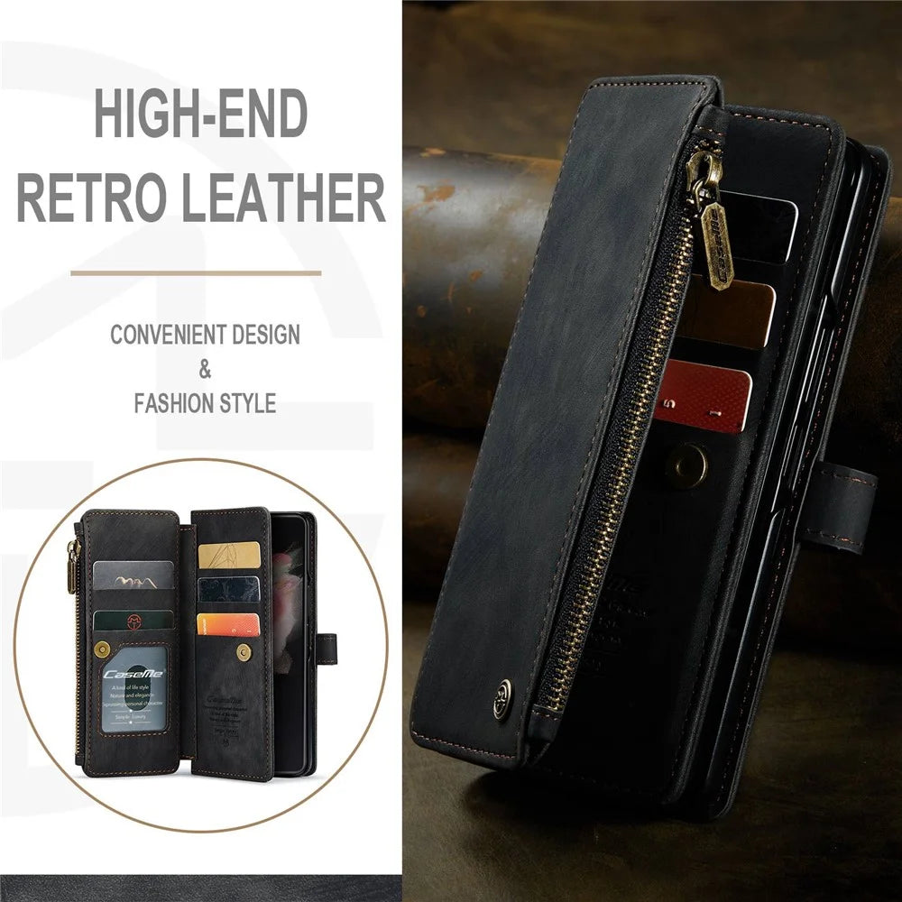 For Samsung Galaxy Z Fold4 5G Phone Cases with Strap CASEME C30 Zipper Multiple Card Holder PU Leather Cover -  Black - 5