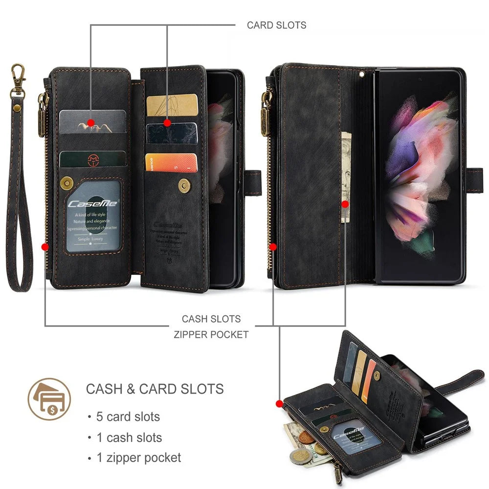 For Samsung Galaxy Z Fold4 5G Phone Cases with Strap CASEME C30 Zipper Multiple Card Holder PU Leather Cover -  Black - 7