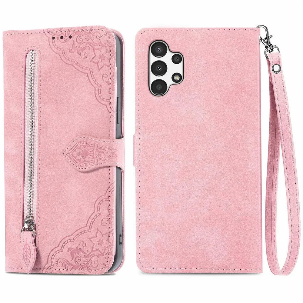 For Samsung Galaxy A13 4G Zipper Wallet Case with Strap Flower Imprint PU Leather Phone Cover - Pink - 1